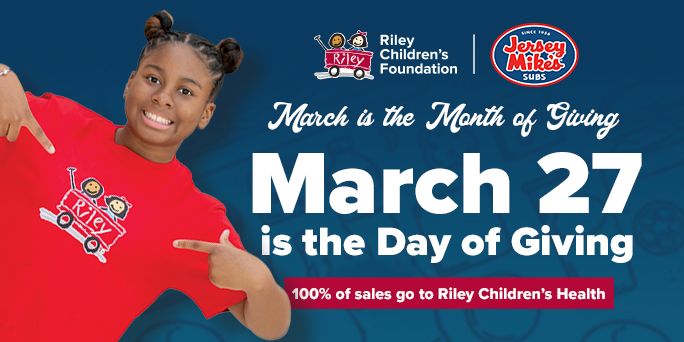 Jersey Mike’s Month of Giving benefiting Riley kids is underway. Stop in all month to donate, and visit Weds, March 27 when every dollar will be donated to Riley! What a delicious way to help kids. ow.ly/aYLa50QPq6q