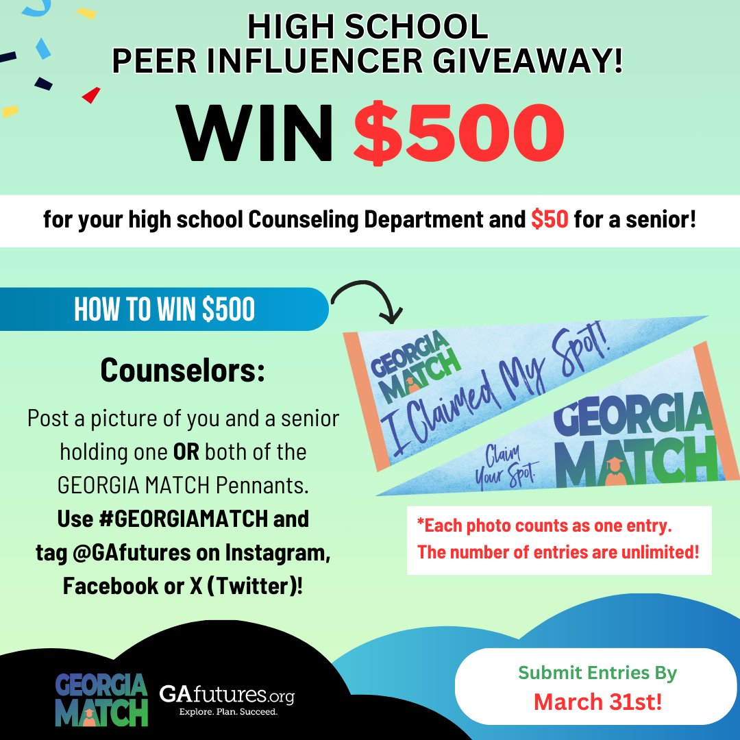 GAfutures's tweet photo. You’re in luck! GAfutures is doing a giveaway, and your school can win big! Make sure to follow the instructions on the flyer for a shot at winning! #GEORGIAMATCH https://t.co/q9xKsKPthg