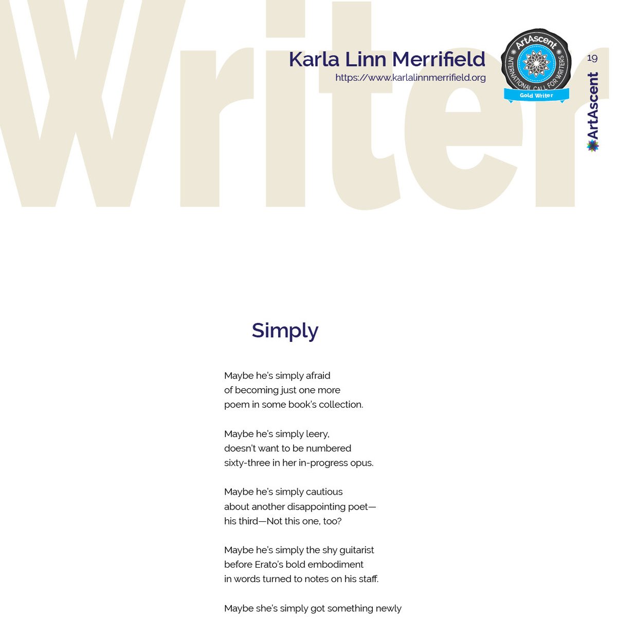 ArtAscent's tweet photo. Original work by Karla Linn Merrifield, Gold Writer, published in our Emotion issue. https://t.co/1wbK4mzFyP @LinnMerrifiel Credit to the writer.
#GoldWriter #ArtAscent #ArtMagazine #EmotionIssue #Writer #Story #Literature #poetry https://t.co/J8yFdF3CPx
