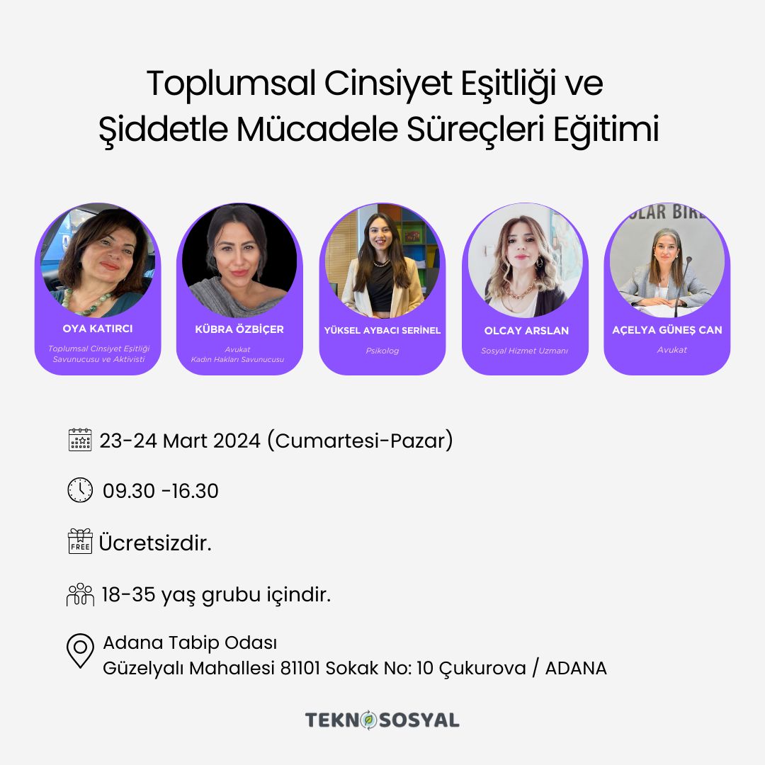 Teknososyal Derneği tarafından yürütülecek olan Toplumsal Cinsiyet Eşitliği ve Şiddetle Mücadele Süreçleri Eğitimi, iki tam gün sürecek ve alanında uzman eğitmenler tarafından verilecektir.

Başvuru için: forms.gle/ShDiASGwN4ScLZ…