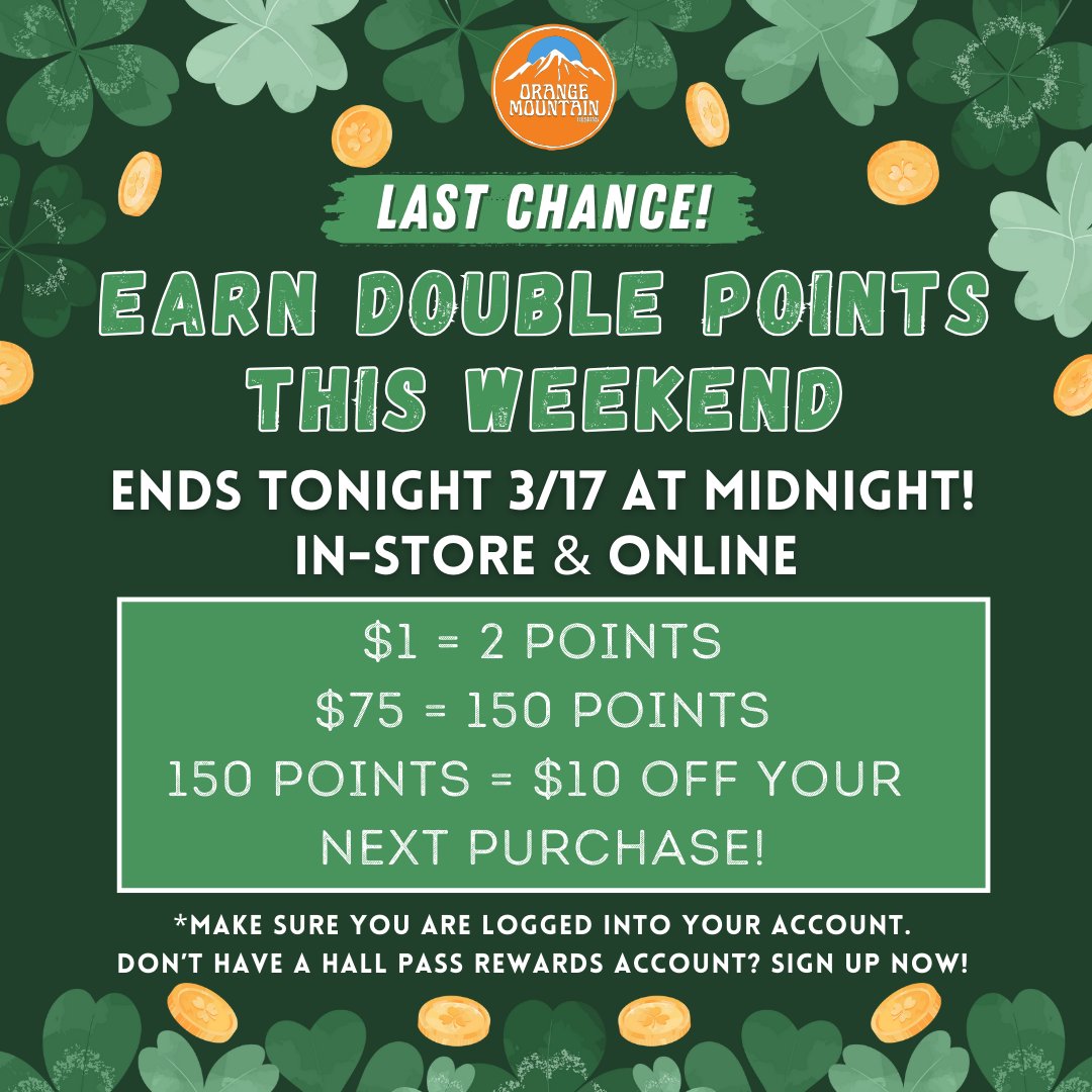 Today is the LAST day to earn double points on purchases in-store & online! Spend $75, earn $10 OFF your next purchase 🍀 …ngemountaindesigns.ahcampusstores.com