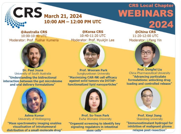 Mark Mar. 21st, CRS IC Webinar, hosted by <a href="/KoreaCRS/">CRS Korea Chapter</a>, China CRS, <a href="/AustralianCRS/">Drug Delivery Australia</a>
Registration: crs.site-ym.com/events/registe…
<a href="/CRSBeNeLuxFr/">CRS BeNeLux & France Local Chapter</a> @brazilCRS <a href="/CrsIndian/">CRS Indian Chapter</a> <a href="/CRS_Italia/">CRS Italy Local Chapter</a> @CRS_GermanChapt  <a href="/CRSNordicLocal/">CRS Nordic Local Chapter</a> <a href="/nz_crs/">NZCRS</a> <a href="/CRS_SPLC/">CRS Spanish Portuguese Local Chapter</a> <a href="/CRS_Turkey/">Cody Simpson -Turkey</a> <a href="/CRS_TW_Local/">CRS Taiwan Local Chapter</a> @UKICR <a href="/CRSScience/">Controlled Release Society</a>