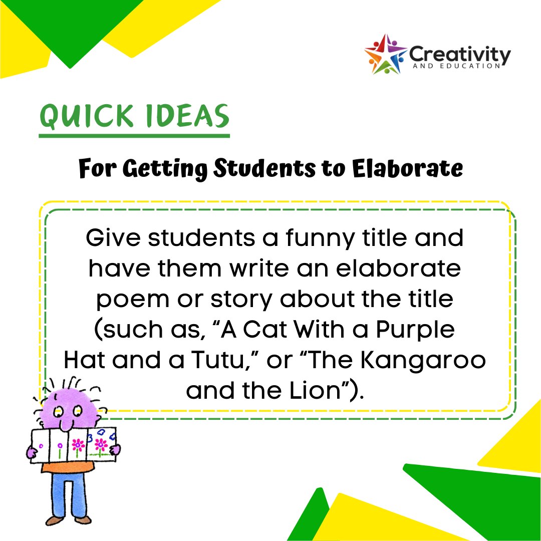 📝 Spark creativity in your classroom with quick and quirky writing prompts! 🎩🐱 Dive into imaginative worlds with titles like 'A Cat With a Purple Hat and a Tutu' or 'The Kangaroo and the Lion.' #CreativityandEducation #CreativeWriting #StudentEngagement #ImaginationStation