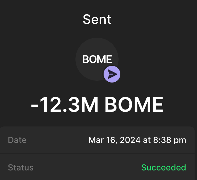 #1 《破防了，我亲哥是如何在Bome上盈利上百万的》

我破防了，我哥前两天在Bome上赚了差不多1500多个Sol，差不多30万美金，今天出门买车去了。我哥是个Trader也是个Degen，经他本人同意，我打算把他的如何抓到Alpha的流程罗列出来，仅供参考，DYOR。

图片里便是真事的交易记录，可随时提供材料证明。