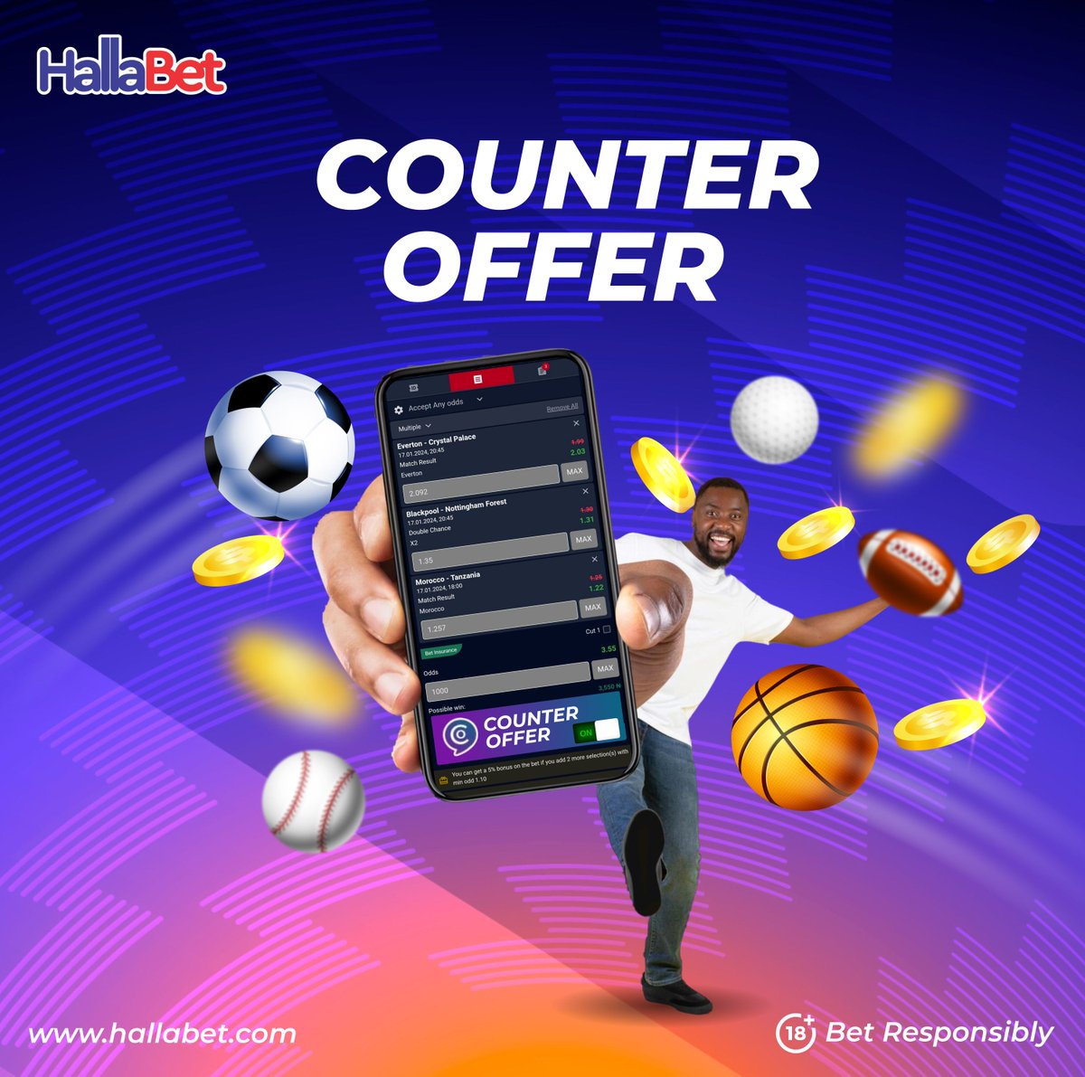 Hallabetnigeria's tweet photo. Elevate your game with HallaBet's Counter Offer feature! 📈✨ Enjoy boosted odds and let our intelligent system determine the optimal stake for your chosen games. Maximize your winnings and embrace a new level of excitement in every bet! 🎯💵
#HallaBet #CounterOffer https://t.co/g1I1uAmAxs