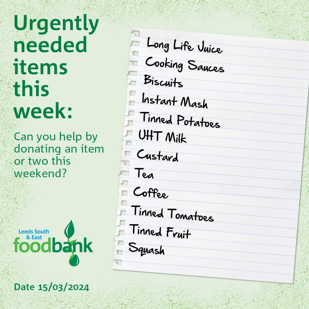 It's match day who's ready, i know we are. We will be in our usual spot from 1pm. Why not come say hi or donate. We are still taking Easter items. Please see in the picture below our shortage for this week. @lufctrust @NW_leedsfood @LUFCFoodbank