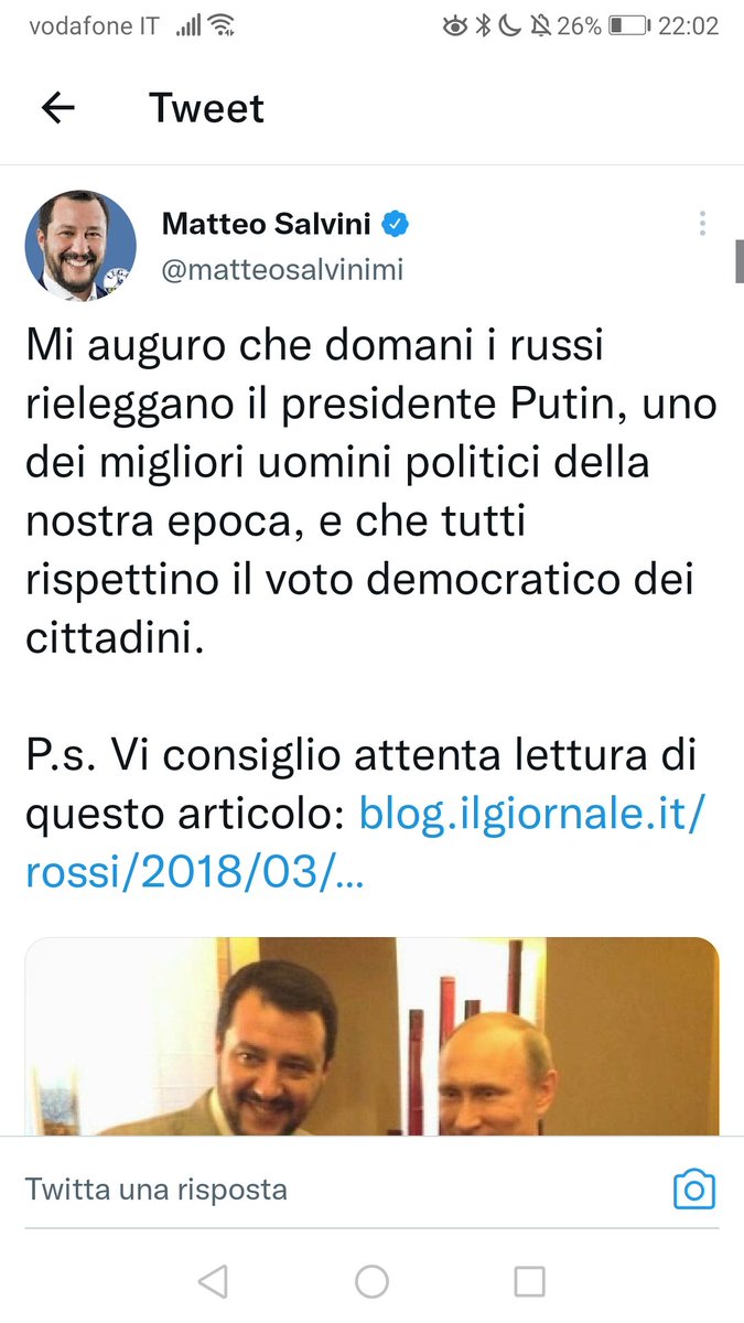 17 March 2018, on the eve of the last Russian Presidential 'election', this is what Salvini tweeted:
"I hope that tomorrow the Russians re-elect President Putin, one of the best politicians of our time, and that everybody respects the citizens' democratic vote."