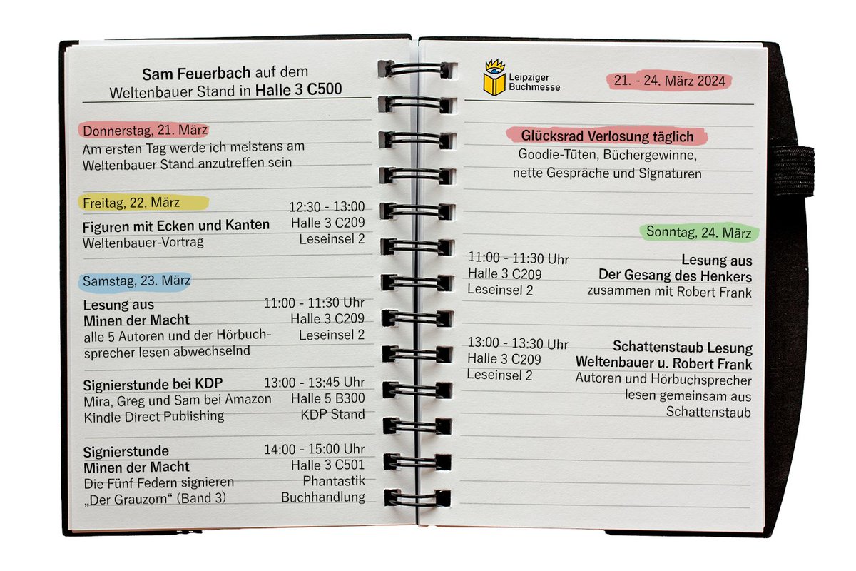 Ab Donnerstag bin ich auf der Leipziger Buchmesse. Besucht die Weltenbauer und mich auf den Stand C500 in Halle 3. Meine Veranstaltungen seht ihr auf der Grafik.
Ich freue mich auf euch :)