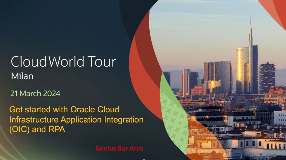 csilipig's tweet photo. Il 21 marzo parteciperai al CloudWorld Tour? Incontriamoci al Genius Bar corner dove potremo vedere come Oracle Integration (OIC) e la nuova componente Oracle di RPA possono aiutarti nell’automatizzare ulteriormente i tuoi processi di business
#iPaaS #OIC #PaaS4SaaS #OCI #rpa https://t.co/7xPEiev4dv