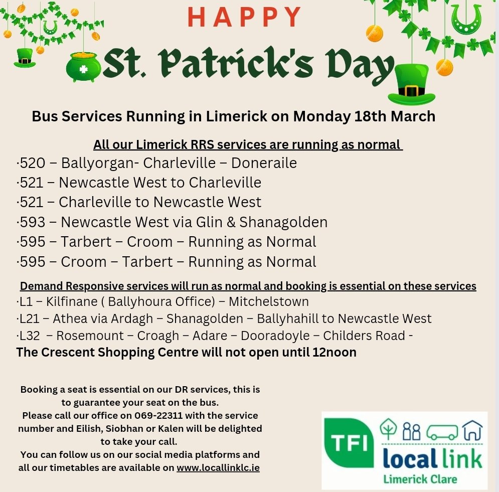 ☘️ 💚🤍🧡Happy St. Patrick’s Day 💚🤍🧡☘️ Enjoy the celebrations, any changes to our bus services for Bank Holiday Monday are in the pictures below, see you all at 8.30am on Tuesday. Safe travels to all.... 🚌 🚏