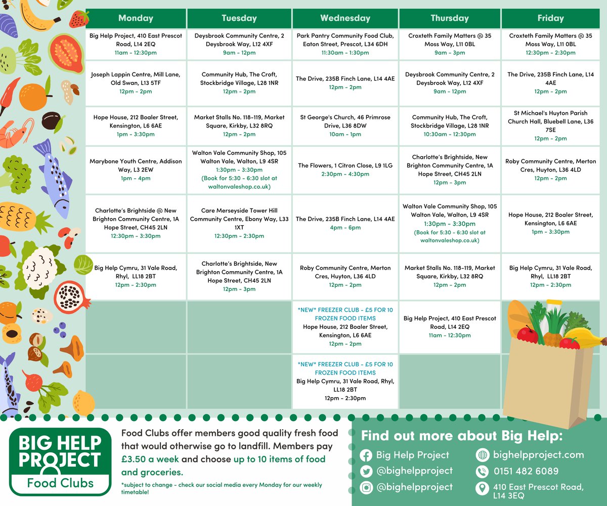 Another Sunday means another Food Club schedule! No changes to our timetable yet, but we'll keep you updated across the Big Help socials. 💚
