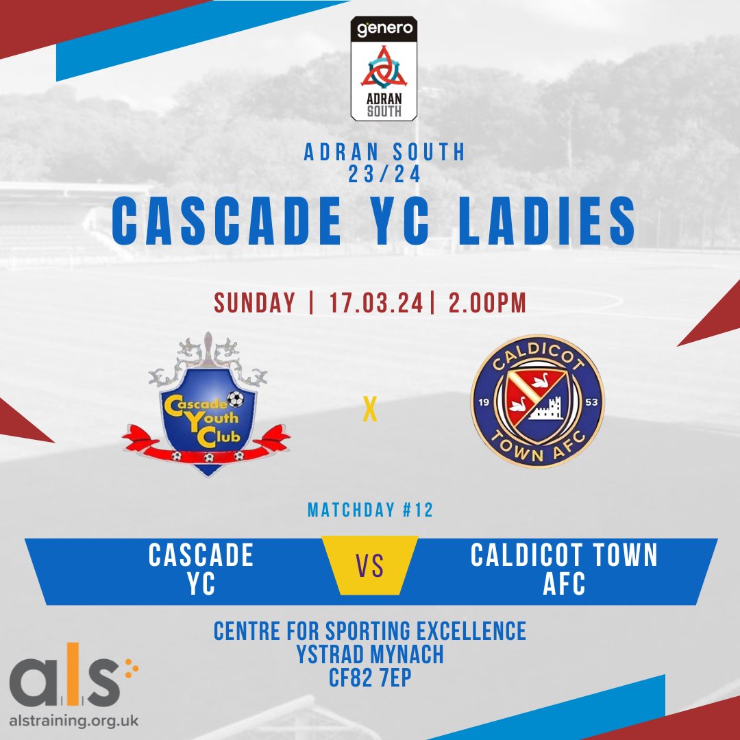 🚨 MATCHDAY 🚨 It’s our final game of the 23/24 Adran South season! 🏆: Adran South MD12 🆚: Caldicot Town AFC 🏟: CSE, Ystrad Mynach 📍: CF82 7EP ⏰: 2.00pm | Kick Off 👕: 🔵🔴 🧤: 🟡 🎟️: £3 Entry Come along and show your support! #UpTheCade 💙❤️ @alstrainingltd
