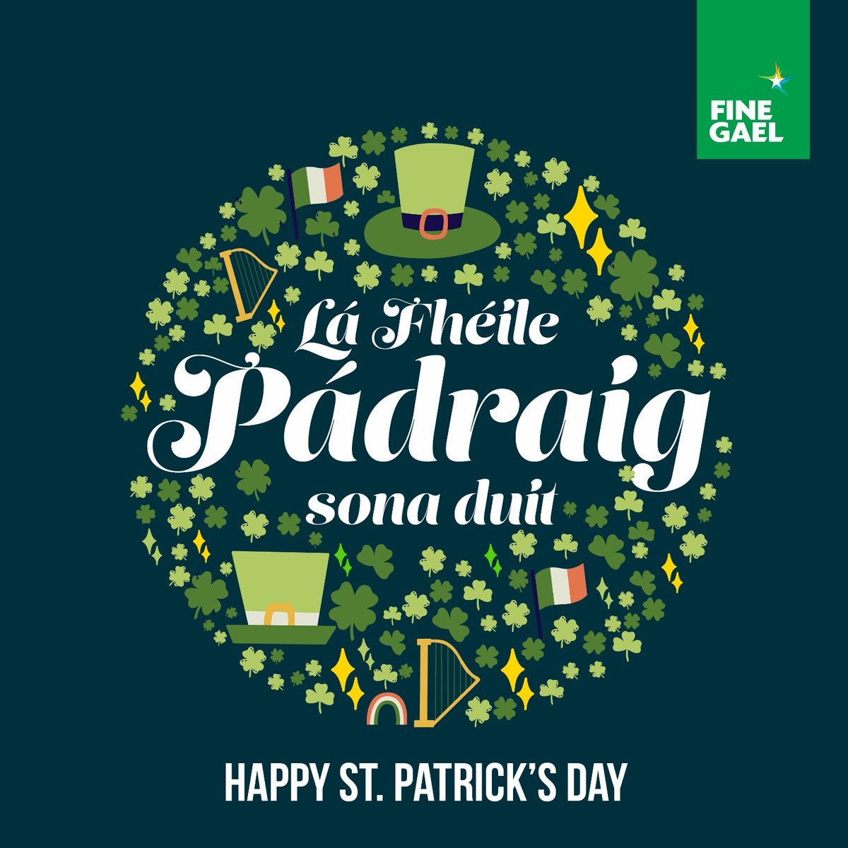 FineGael's tweet photo. ☘️ Lá Fhéile Pádraig sona duit ó gach duine i Fine Gael ☘️ https://t.co/zzl7Ju7A3B