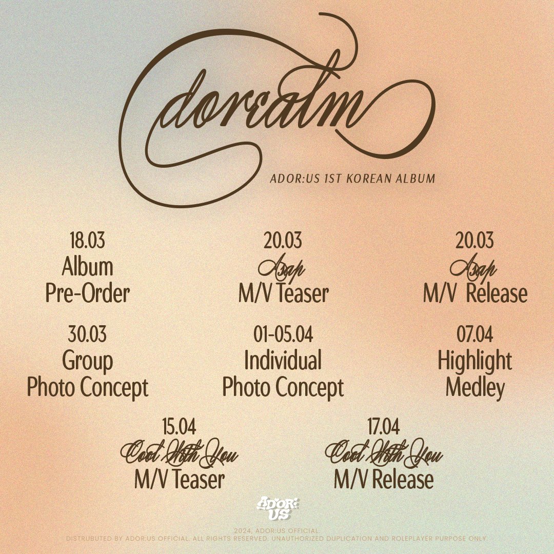 ㅤ

·˚ ₊⁺. 𝓪𝓭𝓸𝓻𝓮𝓪𝓵𝓶𝓼 𝓼𝓬𝓱𝓮𝓭𝓾𝓵𝓮 ✧₊⁺
are  you  ready  to  explore
the  world   where    magic, 
music      and      happiness
becomes one? 🧚‍♀️

#ADOR_US #adorealms 

ㅤ