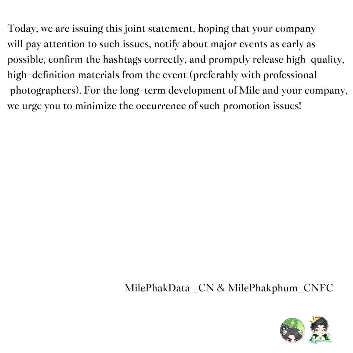 @MilePhakData_CN  &amp; <a href="/MilePhakph_CNFC/">MilePhakphum_CNFC🇨🇳</a> publishes an open letter to <a href="/beoncloud_th/">BeOnCloud</a>. 
We appreciate the supports BOC gives to Mile. But no one can be perfect, there're still something should be improved.The suggestions about BOC's deficiencies in Mile's solo events are as follows: