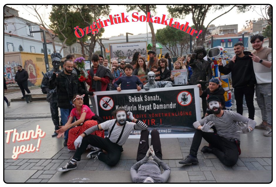 Son iki haftada izmir sokaklarında özgürlük rüzgarları estiren, baharı müjdeleyen, sokak sanatçılarına teşekkürler. Mücadeleye devam. Özgürlük sokaktadır!