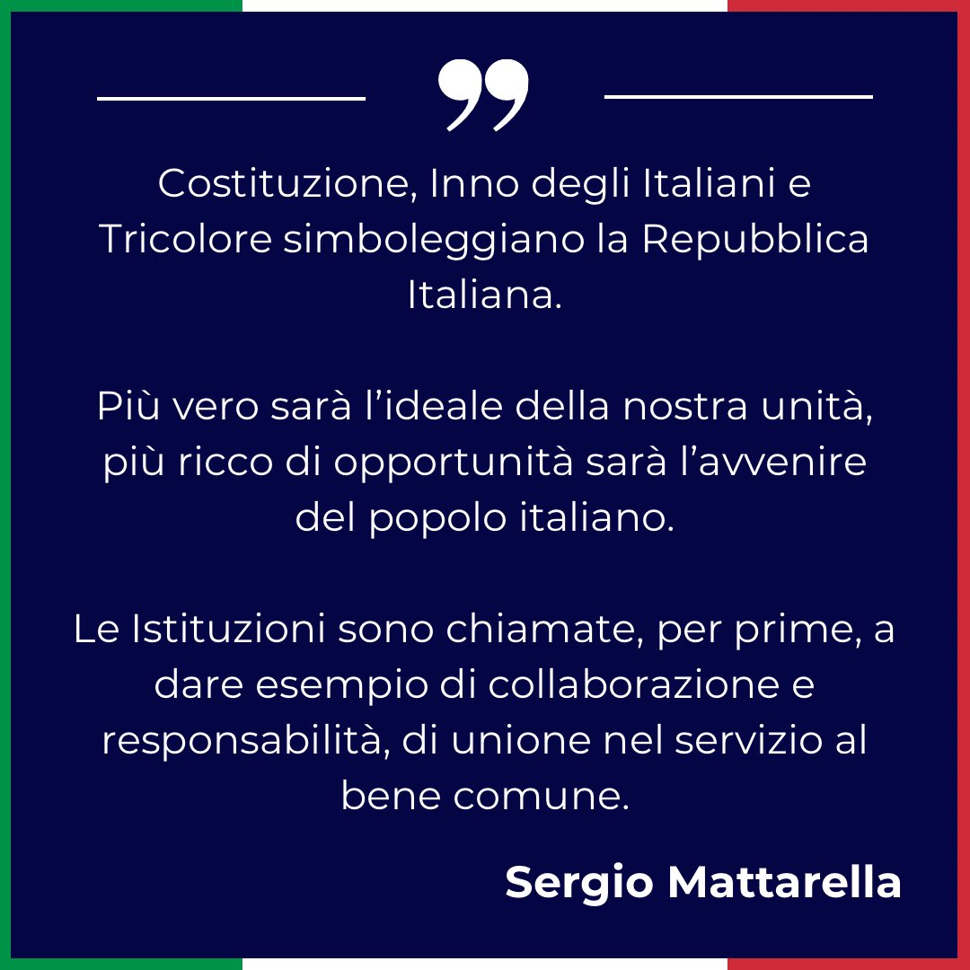 La dichiarazione del Presidente #Mattarella 🇮🇹 in occasione della Giornata dell'#UnitàNazionale, della #Costituzione, dell'#Inno e della #Bandiera: quirinale.it/elementi/109014