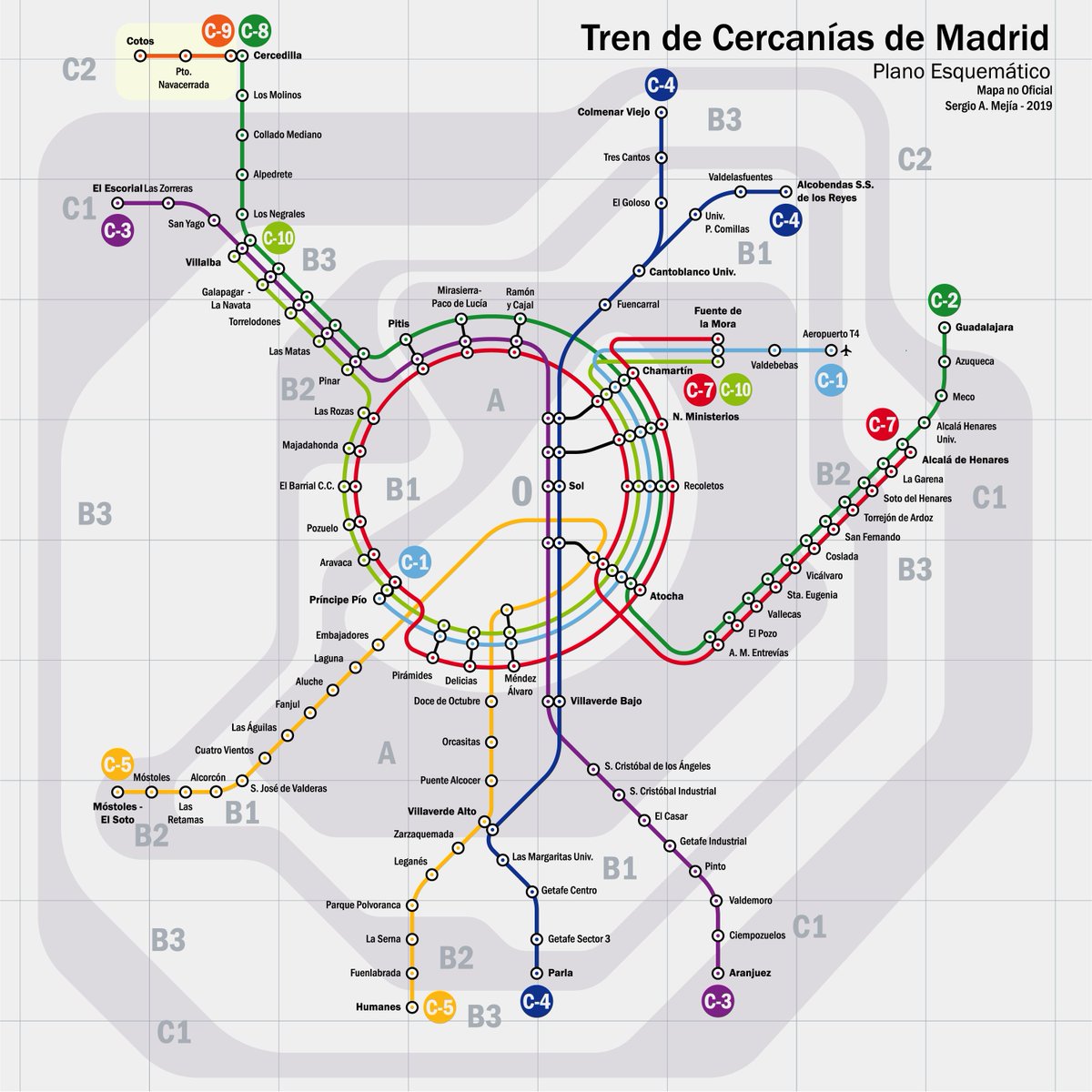 Acabo de encontrarme este plano para Cercanías Madrid que diseñó un usuario de Reddit (no le encuentro en Twitter) y me encanta su claridad.