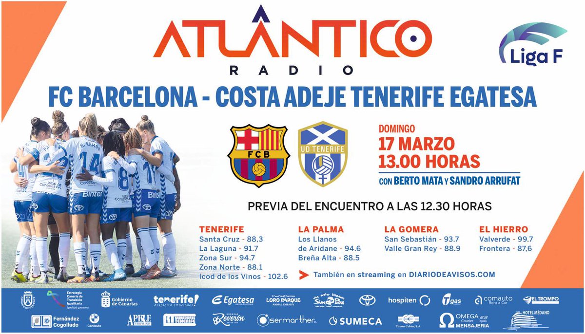 🚨¡𝗠𝗔𝗧𝗖𝗛 𝗗𝗔𝗬!🚨

⚽️ <a href="/FCBfemeni/">FC Barcelona Femení</a> - @UDCATenerife

🏟️ Johan Cruyff
⏰ 13:00h (12:30 en directo)
🗓️ Jornada 20, <a href="/LigaF_oficial/">Liga F</a> 

🎙️ <a href="/mata_berto/">Berto Mata</a>  
🎙️ <a href="/sandroarrufat/">Sandro Arrufat</a> 

🗣️ <a href="/Javidelgado1977/">Javi Delgado</a>

📻<a href="/atlantico_radio/">Atlántico Radio</a> 
📲 APP y TDT
💻 diariodeavisos.com 
📩 651 37 37 37