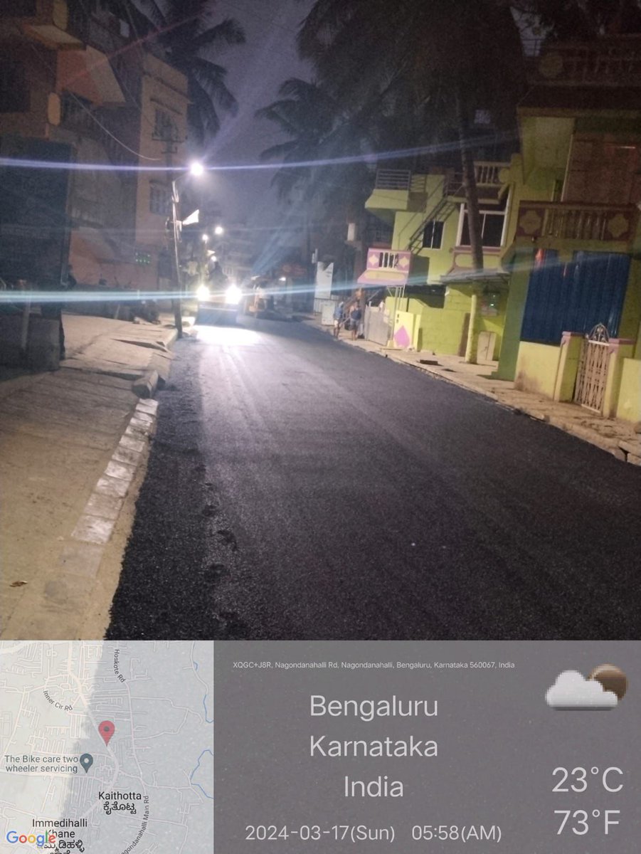 Asphalting work is in progress at Nagondanahalli Main Road of Mahadevapura Assembly Constituency.

These roadworks were funded and approved in 2022-23 but were halted due to payment issues from BBMP.

1/2