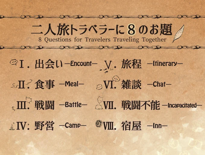 #MyFirstTwoTraveler
いきなりエピソードって言われてもなあ…?というかた向けにお題も作ってみました。
・8つ順番に答えても、思い浮かんだ部分のみ使ってもOKです。
・テンプレ使用も必須ではありません。使いたいかたのみ、良かったら!

ネタ出しの一助になれば、という位置づけのものです。 