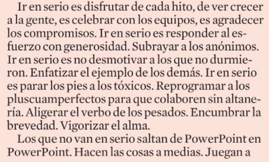 “En serio” de @XavierMarcet en @LaVanguardia. Qué maravilla, por favor! Remarcaría frase por frase, pero estas son sublimes: “Cambiar techos de cristal por trampolines”. “Deshilachar quejas”. “Parar los pies a los tóxicos”. Impreso y guardado.