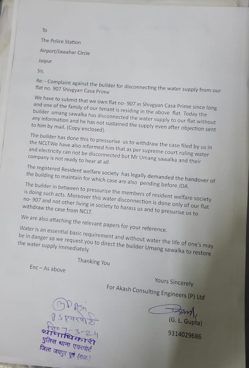 Builder has not registered incomplete project in RERA and RERA RAJASTHAN not taking any action and builder harrassing home buyers by cutting water supply..