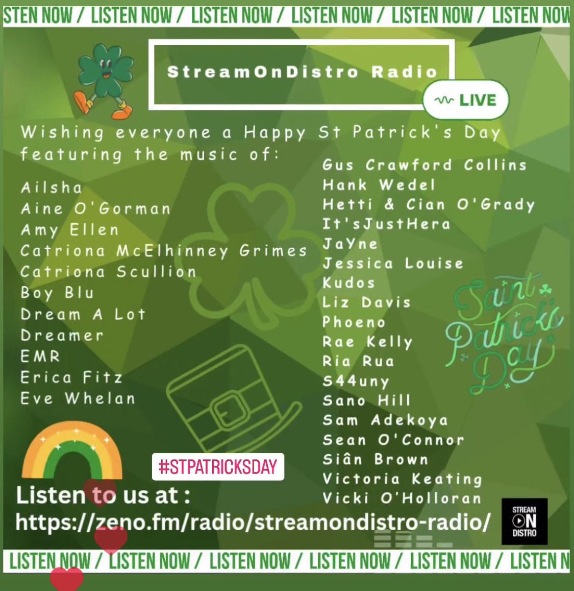 StreamOnDistro Radio St Patrick's Day Special Playing our Irish Artist's music using our distribution services all day long #Radio #RadioShow #StPaddysDay #StPatrickDay #ireland #Irish @FMC_Ireland @culture_ireland @MusicFrmIreland @DiscoverIreland zeno.fm/radio/streamon…