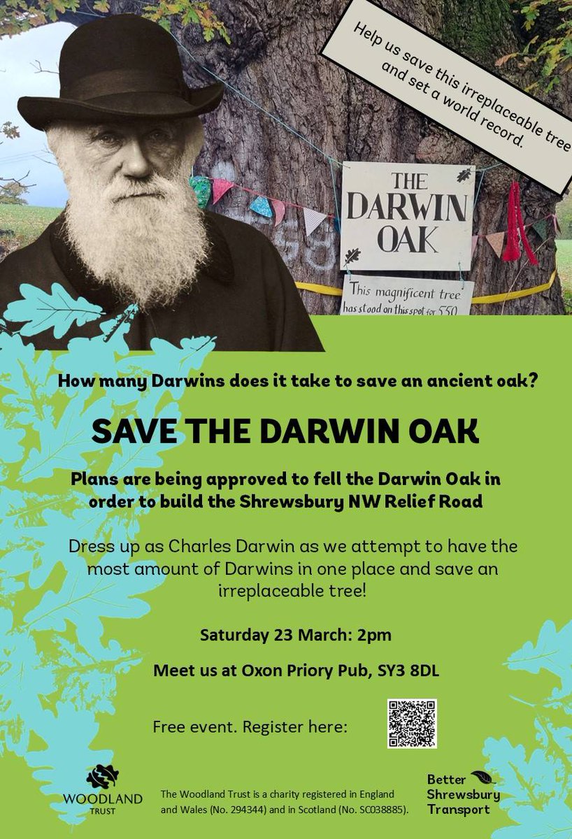 Save the Darwin Oak 🌳💚🌳 @XRShrewsbury is co-hosting this family friendly event with the Woodland Trust on Saturday 23rd. We are trying to stop a 550 year old oak tree from being chopped down to make way for a road that won't be net zero for 130 years 🤦‍♂️😬🌍🔥 🧵👇