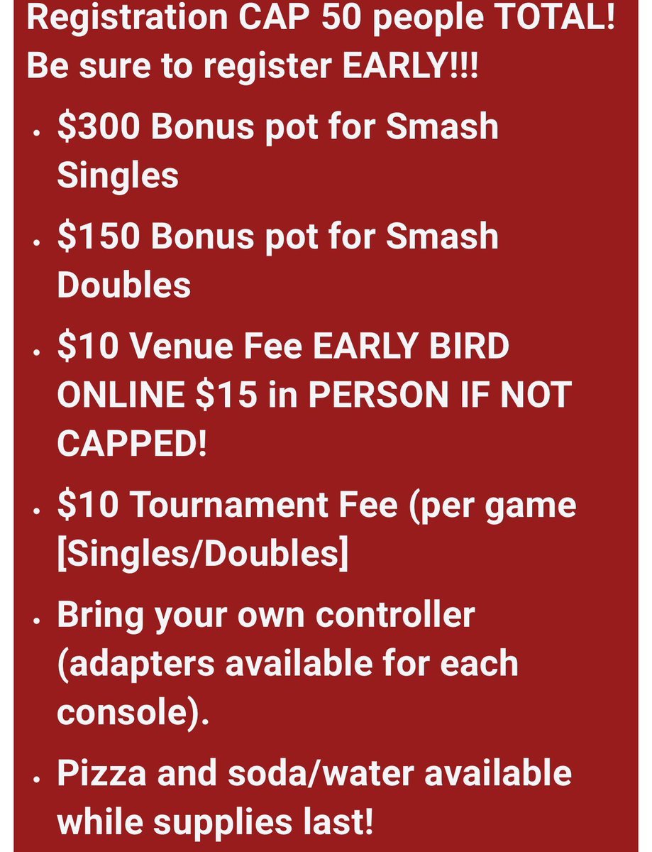 READY FOR SMASH?! $300 bonus pot for singles, $150 bonus pot for doubles! Tournament is Saturday, March 23rd! #socal #lancaster #palmdale #smashbrosultimate #tournament #locals #bonuspot #antelopevalley #avunderground  Details on our reg page! start.gg/avusmashes