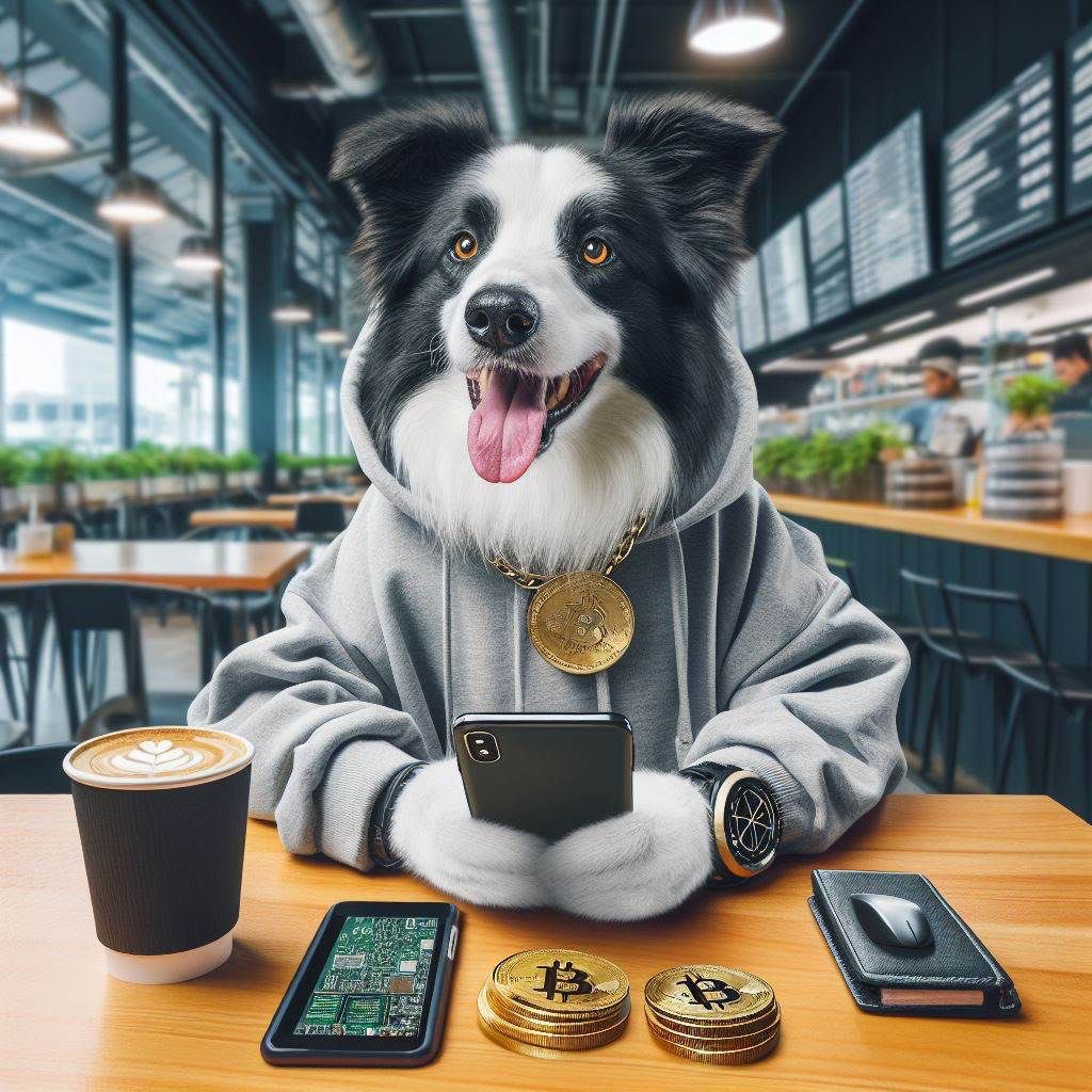 In a vibrant cyberpunk café, a jovial Border Collie, sporting a trendy sweatshirt, enjoys a moment of relaxation with its cell phone and cryptocurrencies in hand. Amidst the neon-lit ambiance, the collie's tail wags with delight as it savors the fusion of digital innovation and