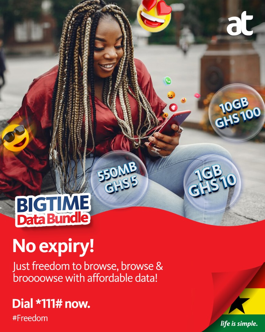 theatghana's tweet photo. More Data, No Enpiry! Our BigTime Data bundles give you up to 190GB of data offers with no expiry. Dial *111# and select option 1 to buy. #lifeissimple #AT #GhanaMonth #Freedom #BigTimeData #DataBundles https://t.co/WC5Umhh95X