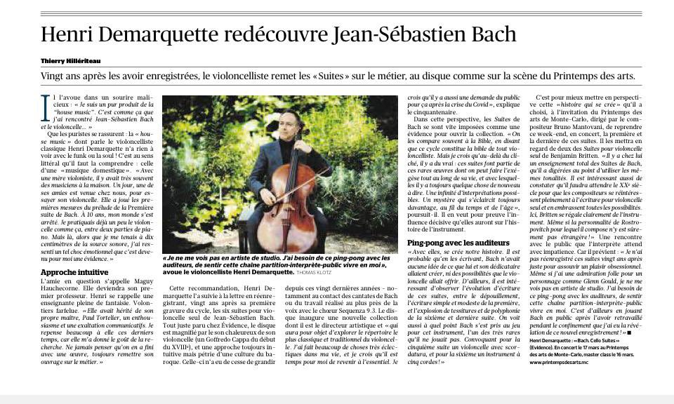 Je suis très honoré de l’article que consacre Thierry Hillériteau à mon enregistrement des Suites de J. S. Bach. 
À lire ce week-end dans Le Figaro et écouter ce soir à 18h au @printempsdesartsmc 
🙏🏻🙏🏻🙏🏻
<a href="/EvidenceClassic/">Evidence Classics</a> 
#bach #cello #collectionhd