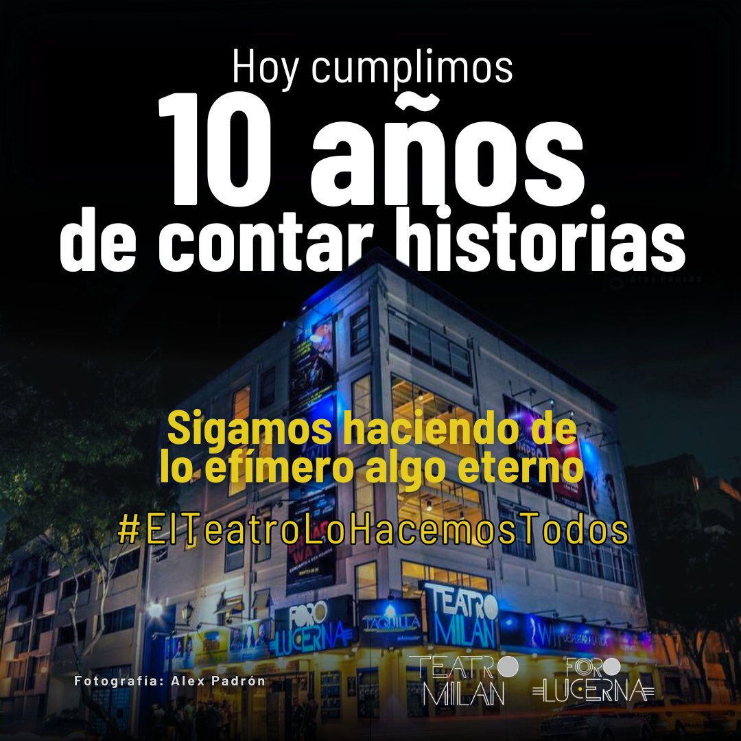 Un día como hoy, 17 de marzo del año 2014, fueron inaugurados el Teatro Milán, <a href="/ForoLucerna/">Foro Lucerna</a> y <a href="/LiceoML/">Liceo Milán Lucerna</a>. GRACIAS a cada una de las personas que le han dado vida a este espacio. GRACIAS por celebrar con nosotros este décimo aniversario.