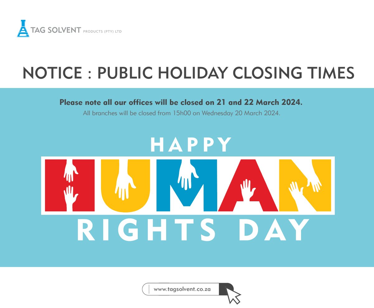 tag_pty's tweet photo. Public holiday closing times : Please note all our offices will be closed on 21 and 22 March 2024. All branches will be closed from 15h00 on Wednesday 20 March and re-open again on Monday 25 March 2024 https://t.co/sVyRUaAamQ