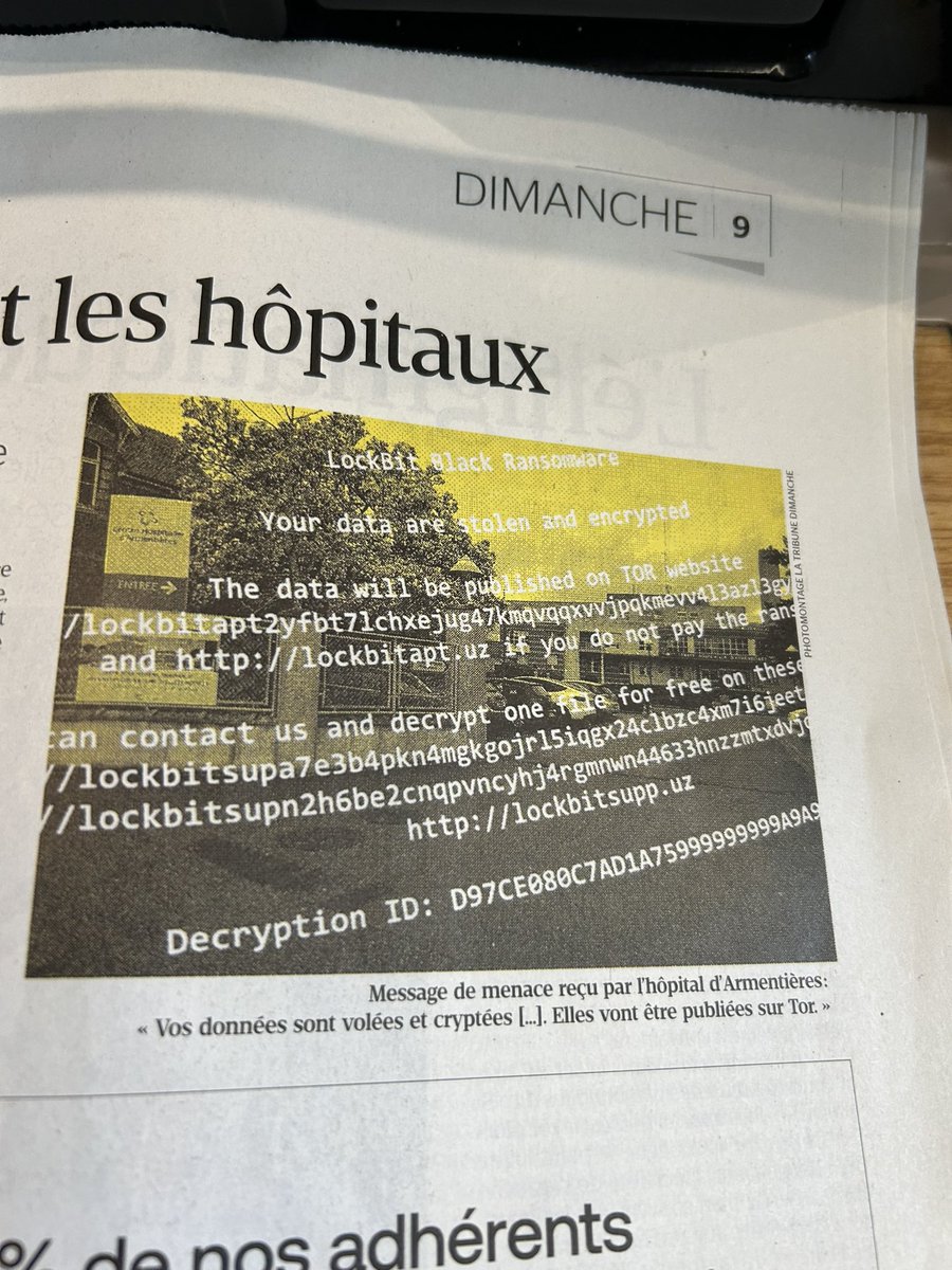 👋 <a href="/NelsonGetten/">Nelson Getten</a>,
Dans votre article de <a href="/LaTribune/">La Tribune</a> de ce matin, <a href="/OnDitChiffrer/">On Dit Chiffrer</a> ; donc « Vos données sont volées et chiffrées […] Elles vont être publiées sur Tor » plutôt que « cryptées ».

Question ouverte pour l’écriture des médecins, possiblement indécryptable !