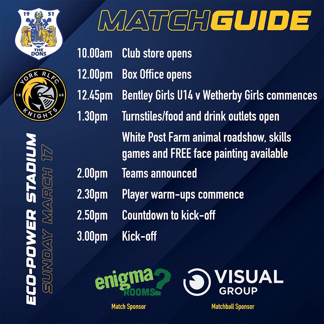 It’s MATCHDAY! We kick-off our 2024 season hosting York RLFC Knights at the Eco-Power Stadium at 3pm. Here’s a reminder of how matchday looks 👀 🔗 bit.ly/3Pk17tV Match Sponsor | @EnigmaRooms1 Matchball Sponsor | @VisualGroupUK 🔵 #COYD 🟡