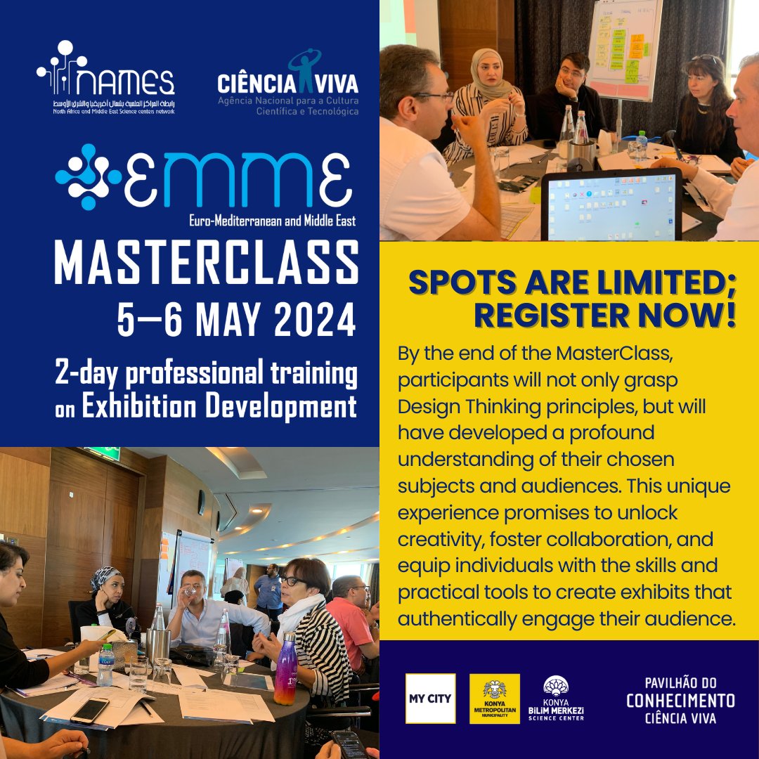 The #EMME2024 #MasterClass is a professional in-person only training offered to a limited number of participants at Konya Science Center, Konya, Türkiye.
.
Register now to save a spot : docs.google.com/forms/d/e/1FAI…
.
.
.
#NAMESnetwork #SciComm #ScienceEngagement #ExhibitionDevelopment