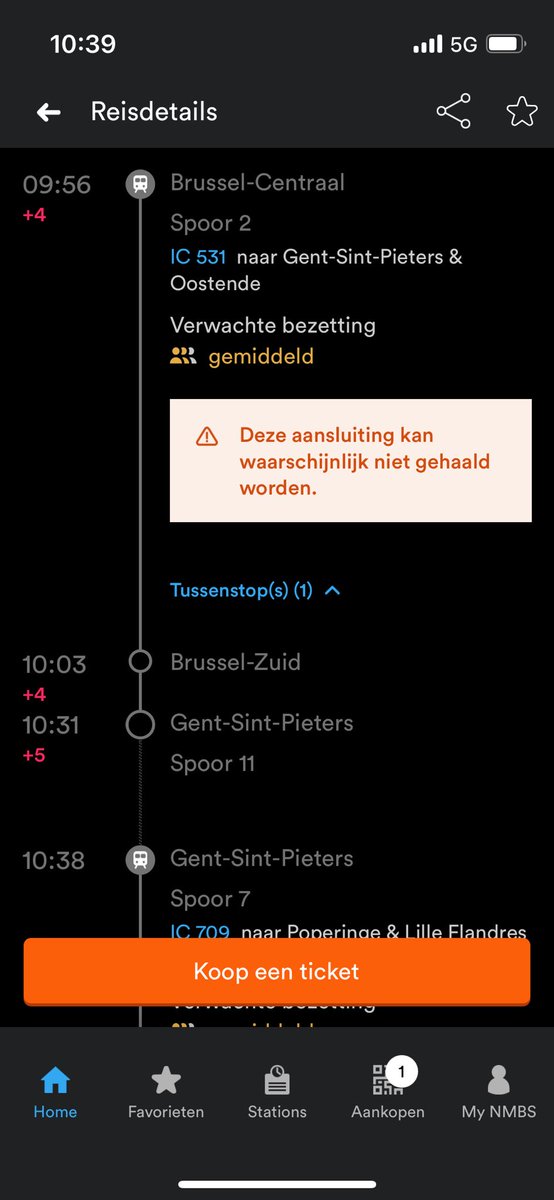 GunnarCheyns's tweet photo. @NMBS jullie stellen elke keer dit traject voor in de app. Maar de ervaring leert me dat als je geen olympische spurt trekt, je deze aansluiting eigenlijk nooit haalt. De app aanpassen zodat je met wat meer adem de overstap kan maken in Gent? https://t.co/9OtlRZc96e