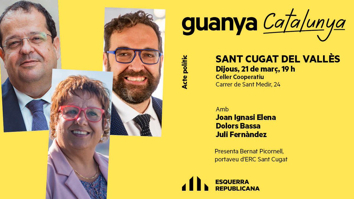 ercsantcugat's tweet photo. El proper dijous, #GuanyaCatalunya arriba a #SantCugat de la mà de @joanignasielena @dolorsbassac i @julifernandez. T'hi esperem! 😉

#12M #BlindemDrets #SomGovern https://t.co/rHpHqkwKix