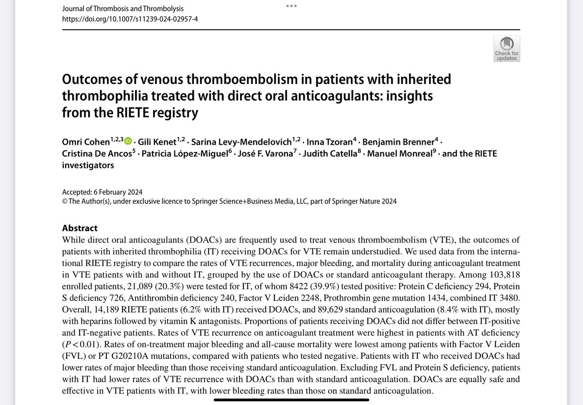 In our study on 8,422 patients with VTE and hereditary thrombophilia, the DOACs were equally safe and effective, with lower bleeding rates than those on standard anticoagulation