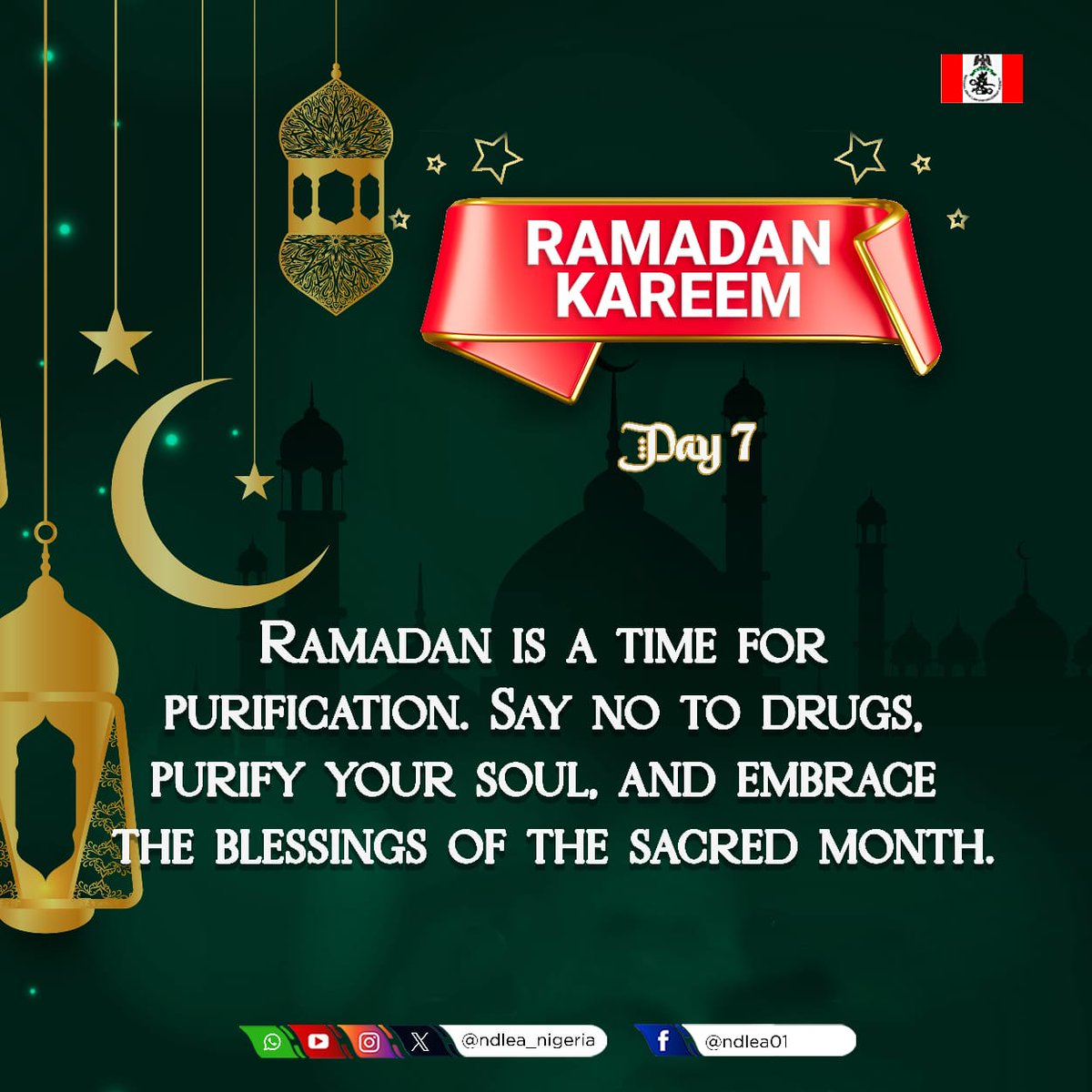 Ramadan is a time for purification.

Say no to drugs, purify your soul and embrace the blessings of the sacred month.

  #Ramadan,#DrugAbuse, #NDLEA, #SayNoToDrugs