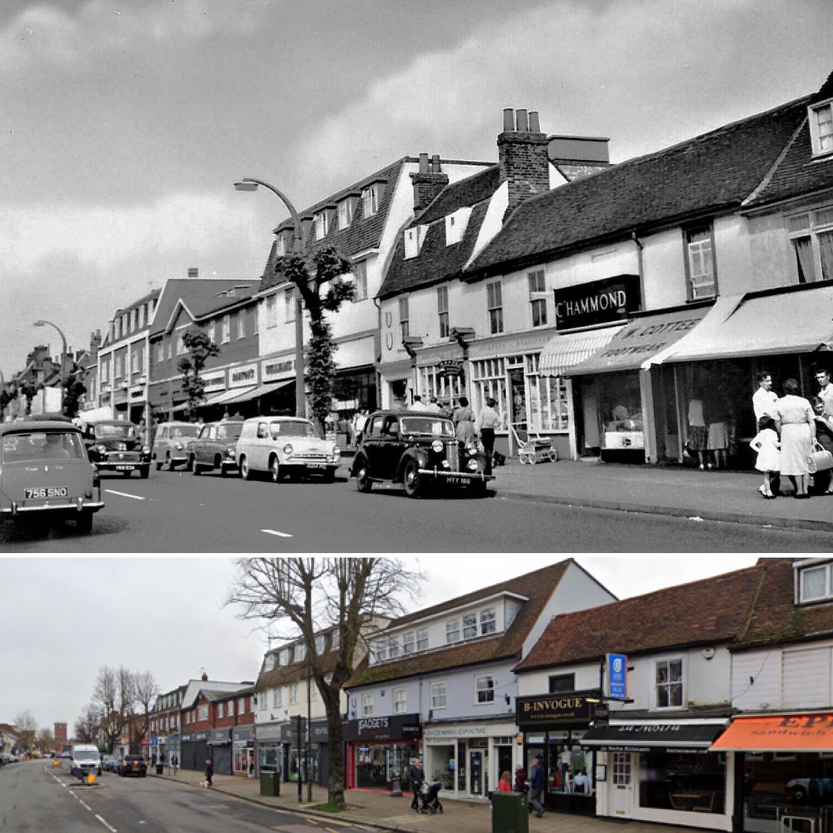 EppingHistory's tweet photo. Epping High Street in the swinging 60’s. See the 2 horse shoes on the front of the shop (centre). This marked the location of the Blacksmith run by R G Clark. They were asked to move the business to Hemnall Street in the late 1950’s because of the smell and mess it created. https://t.co/v4y4p4vmCt