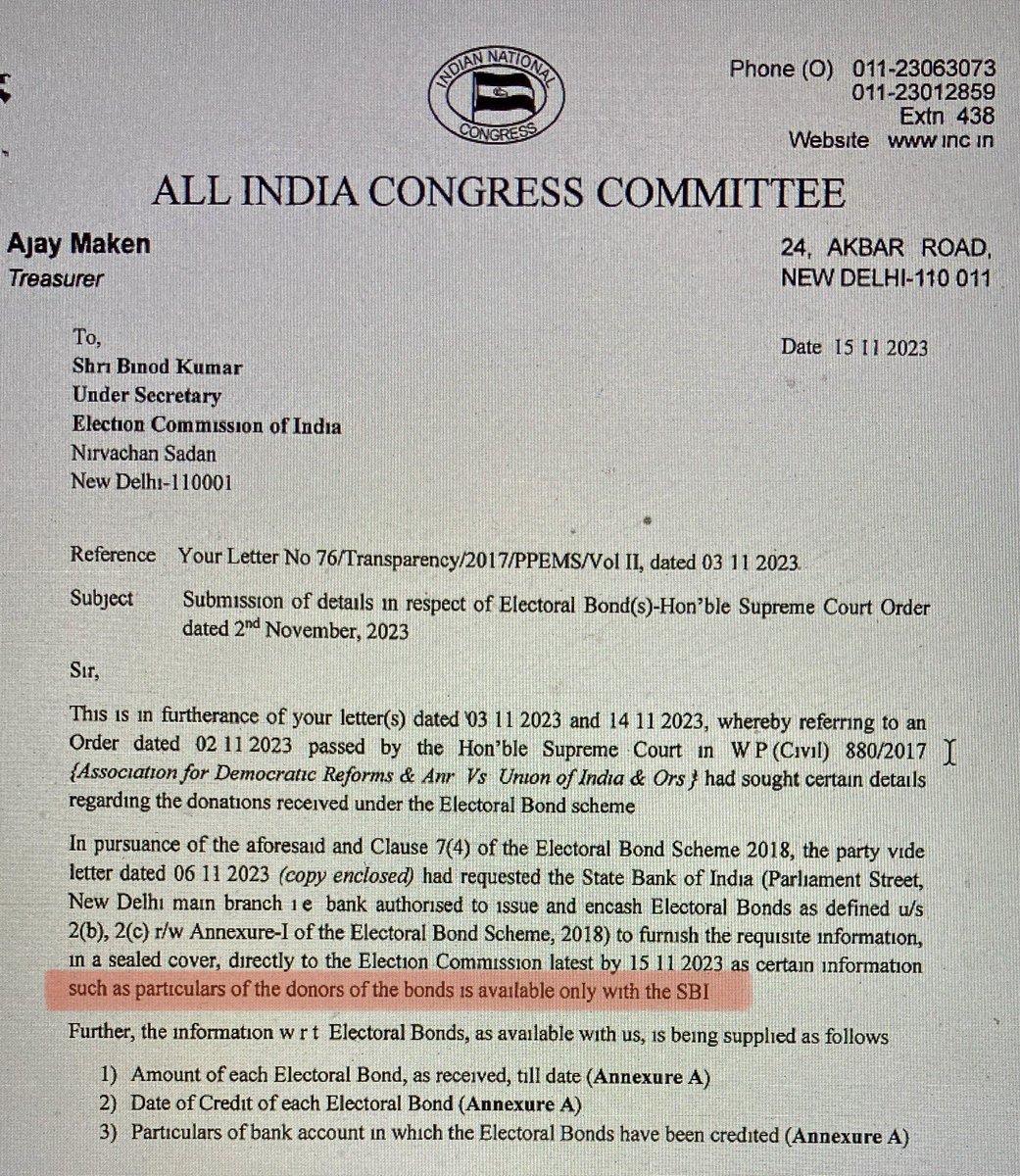 Sealed covers opened & info submitted by political parties to ECI on #ElectoralBonds is out. As anticipated, parties hv said they don’t have names of donors. See letters below. Voters still in dark about identity of purchasers of bonds worth 4,000 crore sold before April 12, 2019