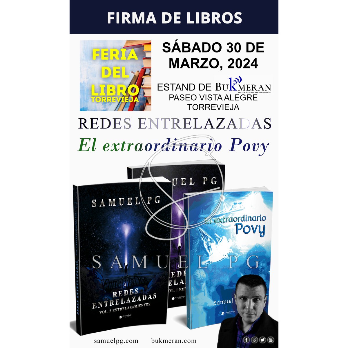 SamuPG_escritor's tweet photo. ¿Queréis conocerme? ¡Es vuestra oportunidad! Me acercaré a la #feriadellibro de #Torrevieja el 30/03/24 de la mano de #Bukmeran para estar junto a vosotros, lectores. ¡Os espero con gusto! 🤩

#samuelpg #escritor #ficción #firmas #libros #redesentrelazadas #elextraordinariopovy https://t.co/5USZhgnzui