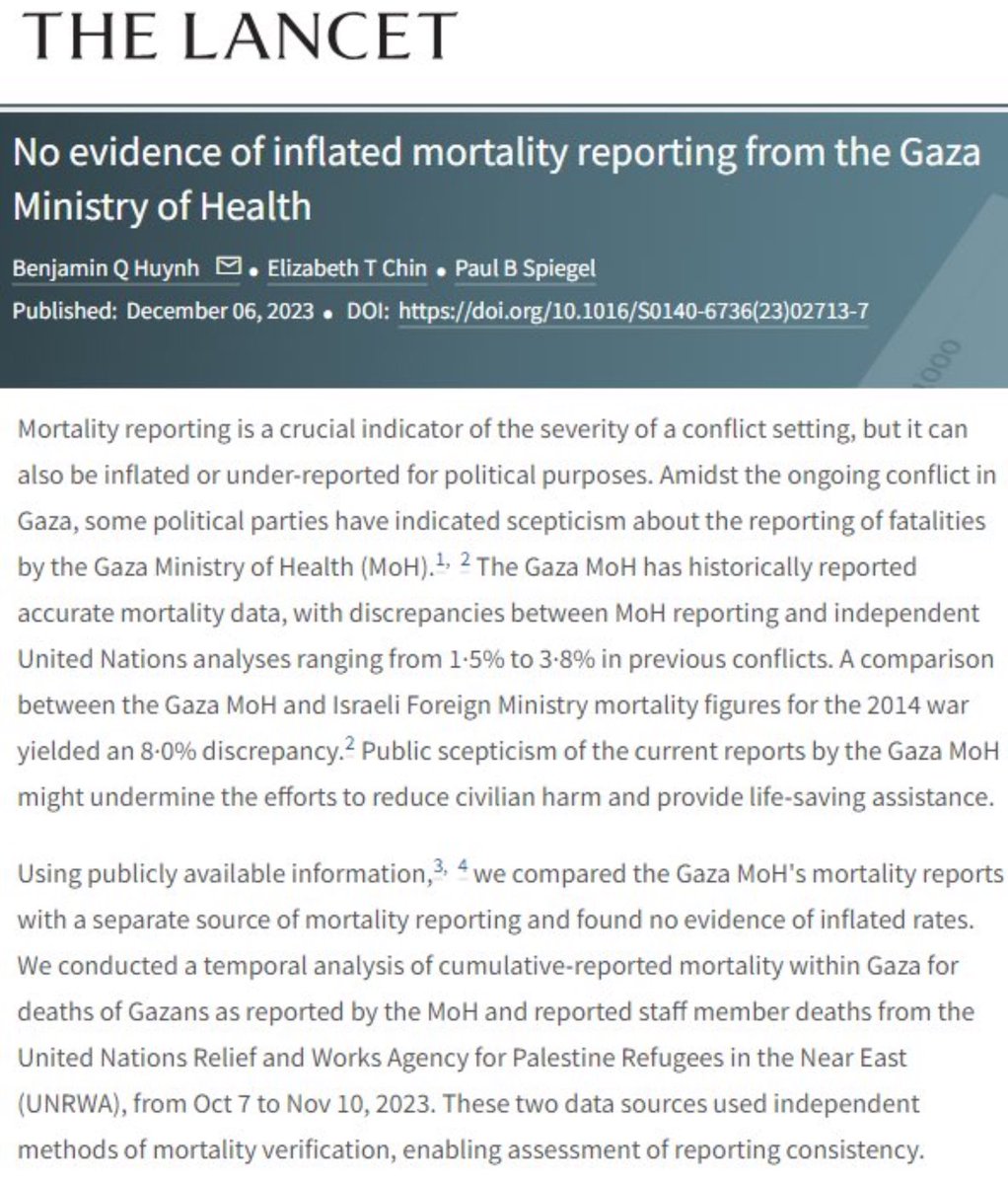 MixtUpMixy's tweet photo. @JakeWSimons The Gaza Ministry tally has been confirmed by Israel &amp; the IDF 3 times; 1st in Yedioth Ahronoth in Nov, 2nd in The Times of Israel in Dec, then 3rd in Vice in Jan.

The Lancet, the world’s oldest &amp; most respected medical journal, has also confirmed them.

Are they lying? 🤨 https://t.co/urSjOotGDn