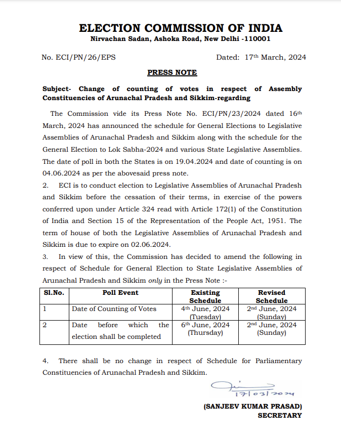DDNewslive's tweet image. EC revised counting for votes for assembly polls in Arunachal Pradesh and Sikkim to June 2, 2024

@ECISVEEP #ElectionCommission #ElectionDate #LokSabhaElections