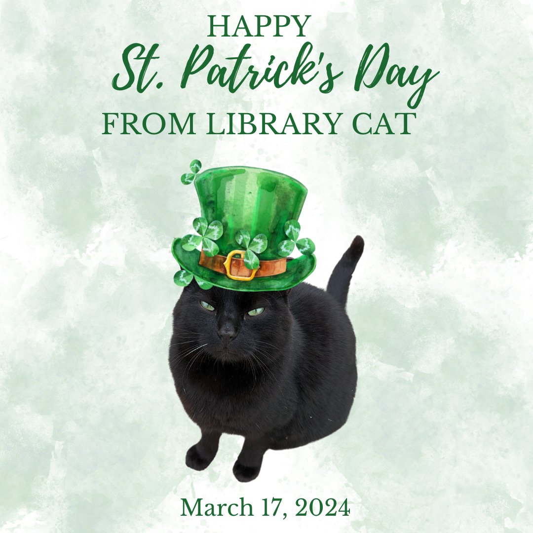 library_MU's tweet photo. Library Cat wishes you all a very Happy St. Patrick's Day. He is also claiming anyone who gives him a rub this weekend gets one year of luck??? #PaddyOrSeamus #LibraryCat #MULibrary #RubForLuck #ThoseGreenEyesThough https://t.co/h90Koz4Dri