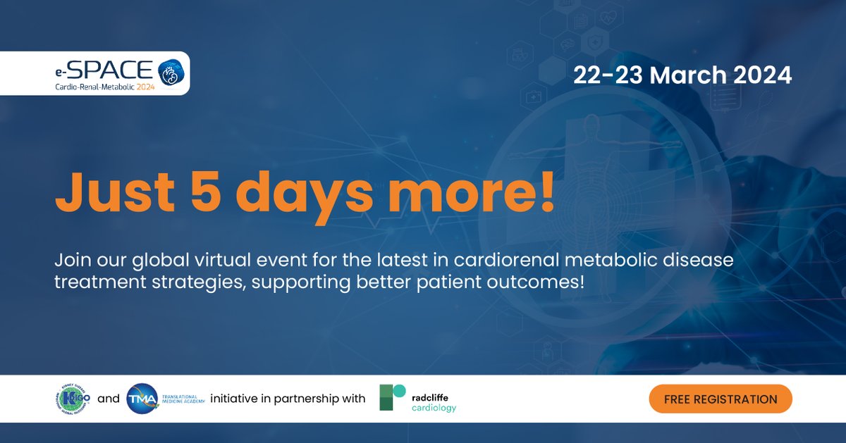 📢 Countdown to eSPACE CRM 2024! Learn best practices & guidelines from multidisciplinary experts in diabetes, T2D, CKD, heart failure, & more. Join the conversation! 🩺 ow.ly/BoHn50QIBm7 #eSPACECRM2024 #Diabetes #T2D #KidneyDisease #HeartFailure #CKD #Cardiology #KDIGO