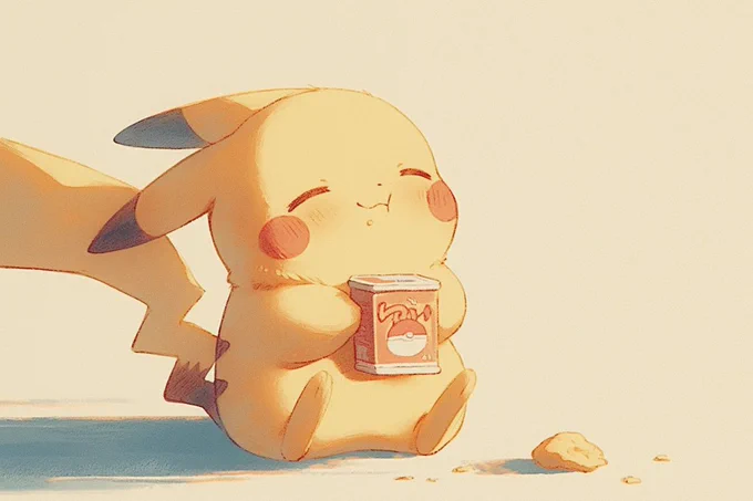 Pikachu is happy eating snacks 